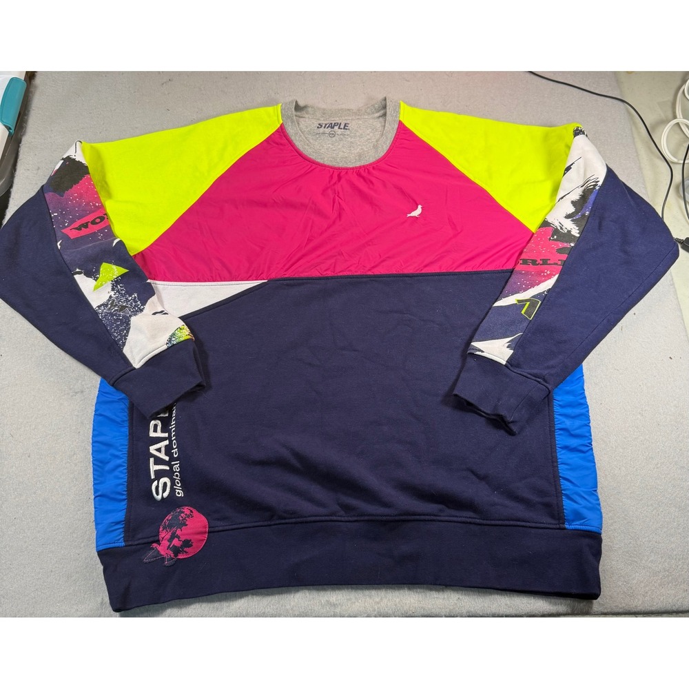 Staple Pigeon Mens 2XL Colorblock Crewneck Sweatshirt Navy Pink Neon Yellow 2008